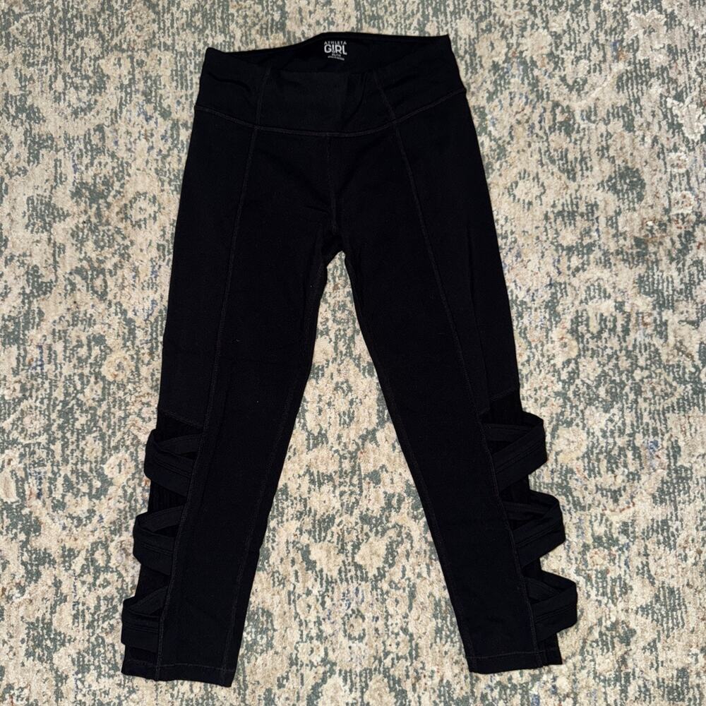 Athleta Girl Black Criss Cross Crop Leggings Size XL 14‎ Pull On